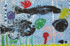 Kindergarten- gyotaku printing and bubble wrap printing- tempera paint