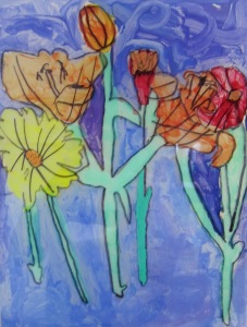 Flowers traced on plexi with sharpie painted with acrylic....(student teacher taught lesson)