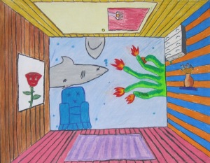 6th grade- surreal 1pt perspective bedrooms- color pencil