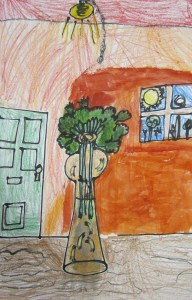 2nd grade, black glue line flower still lif- crayon resist